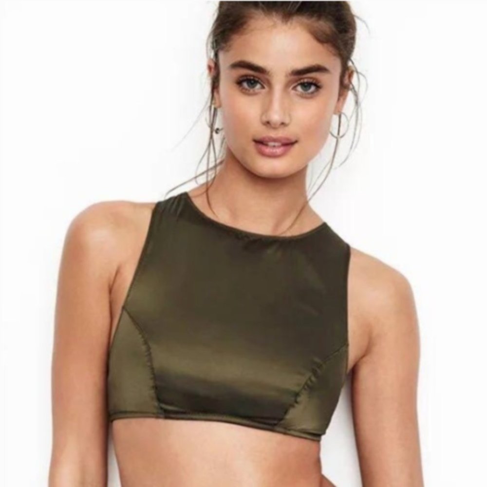 NWT VS Dark Green Satin High Neck Bralette, Medium - Picture 4 of 5